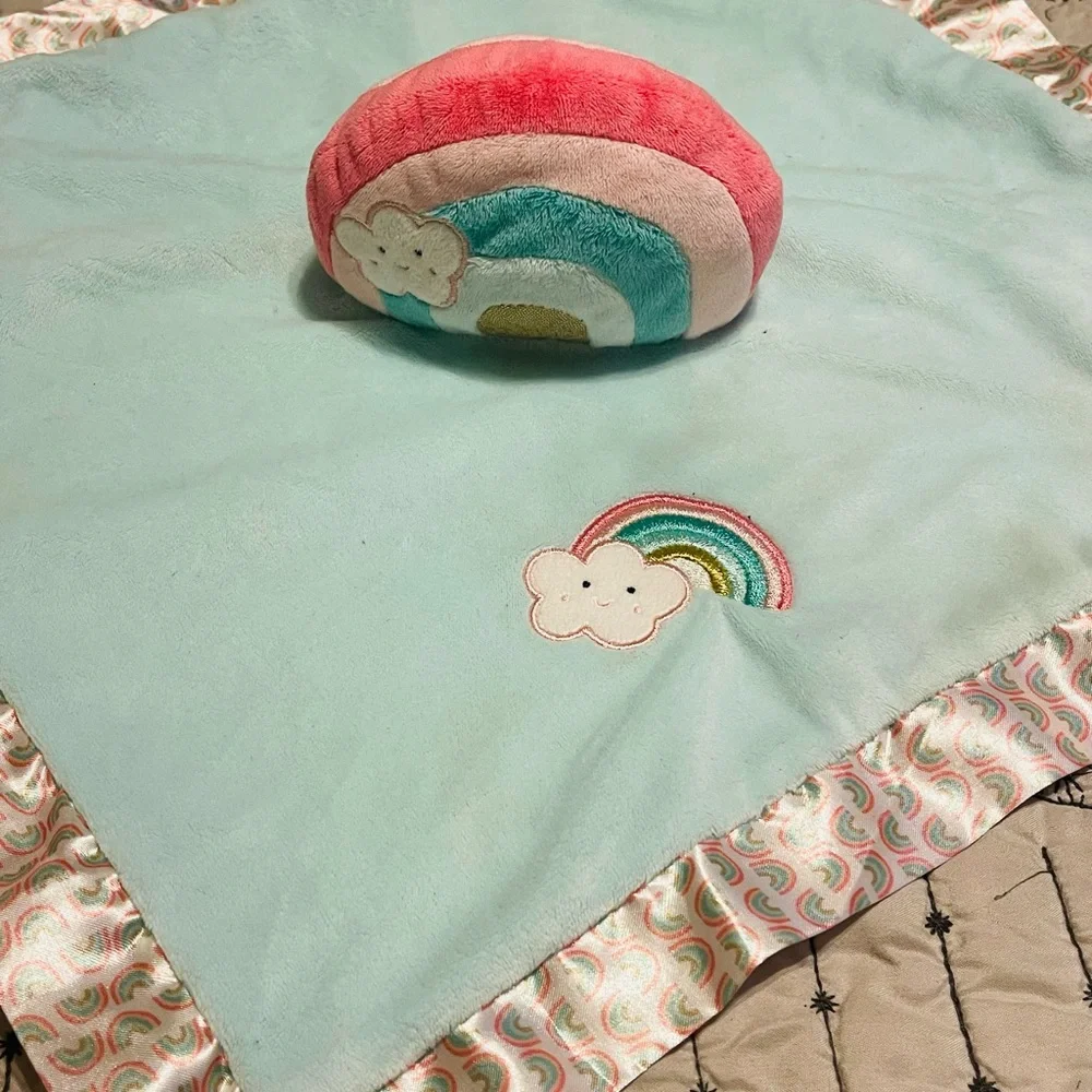 Douglas Baby Rainbow Baby Lovey Security Blanket Aqua Plush Satin Colorful Trim
